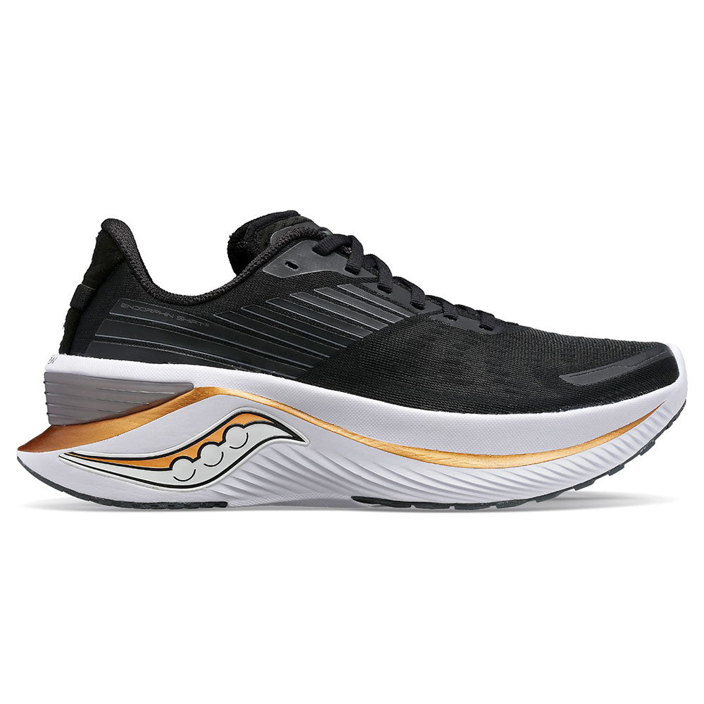 Side view on white background of Womens Saucony Endorphin Shift running shoe in Black/Goldstrck, Medium (Regular) width
