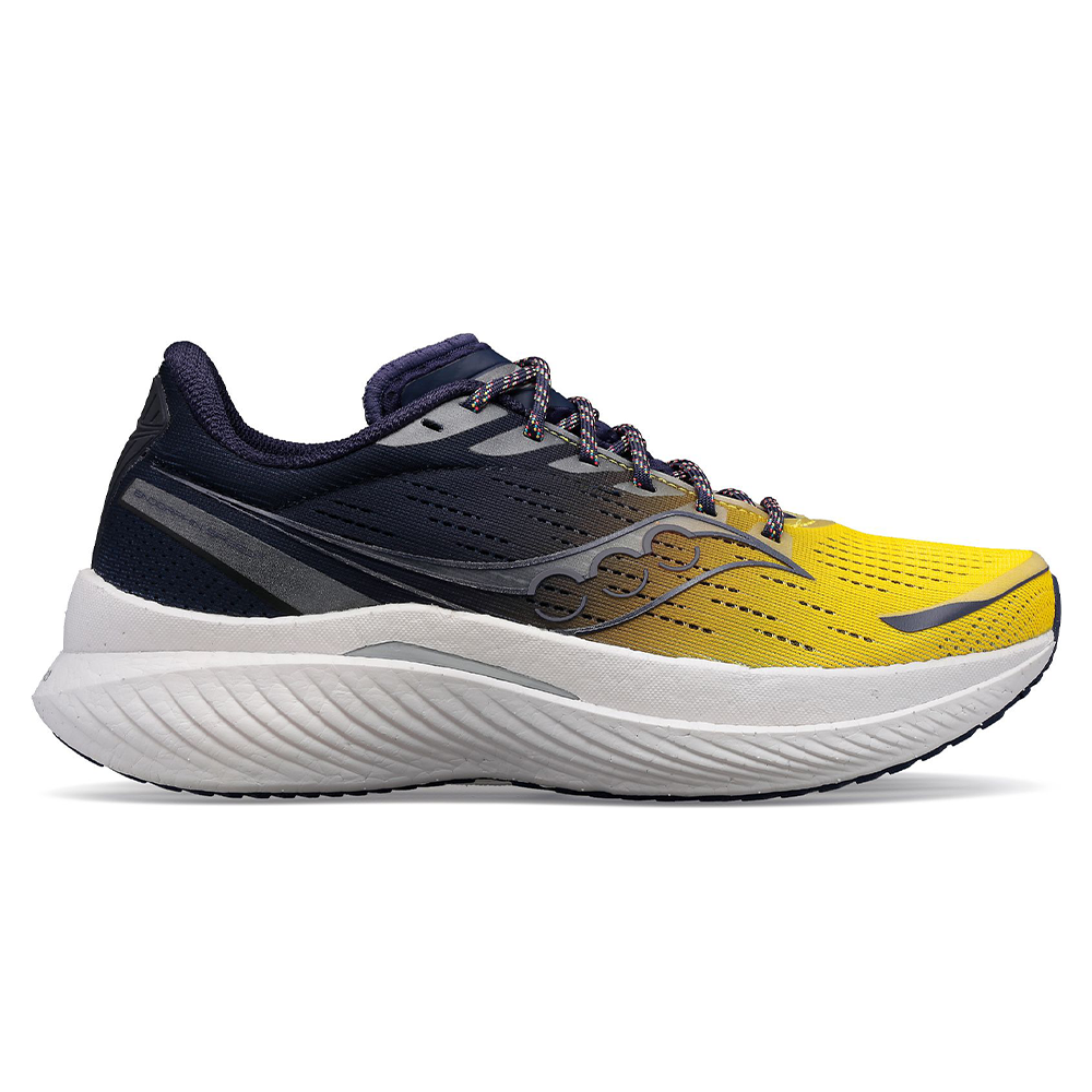 Side view on white background of Womens Saucony Endorphin Speed running shoe in Night Lite, Medium (Regular) width