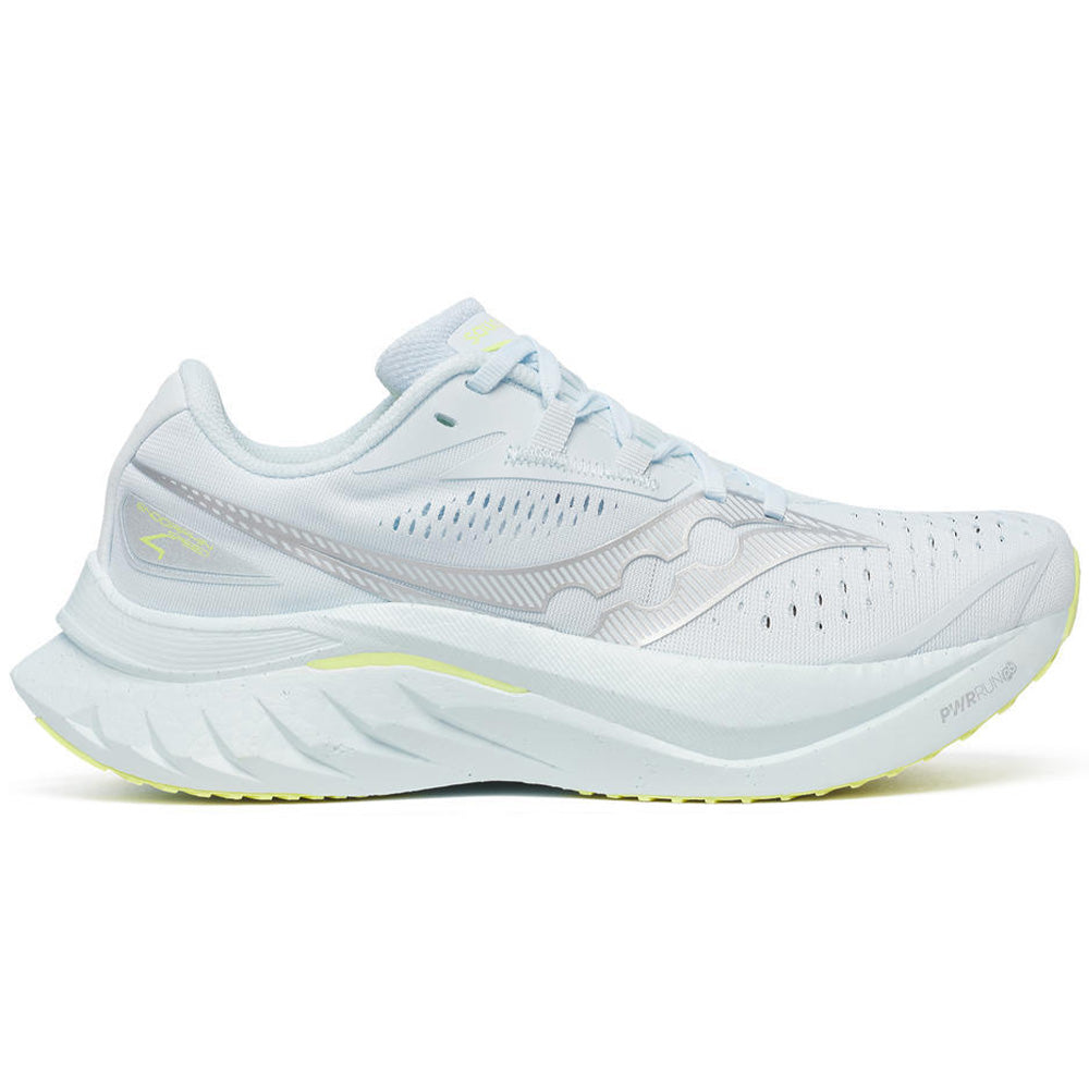 Side view on white background of Womens Saucony Endorphin Speed running shoe in Ice Melt, Medium (Regular) width