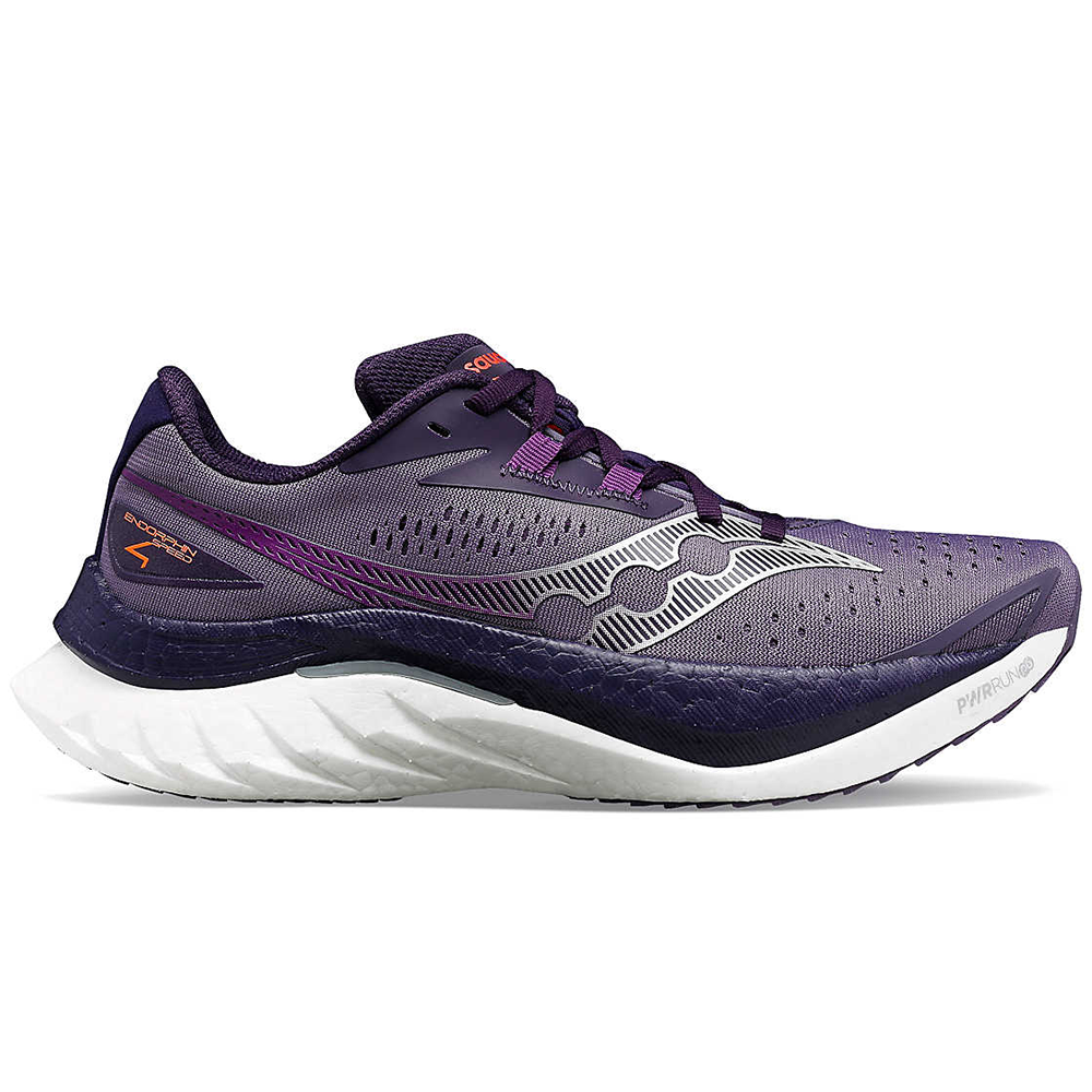 Side view on white background of Womens Saucony Endorphin Speed running shoe in Lupine/Cavern, Medium (Regular) width