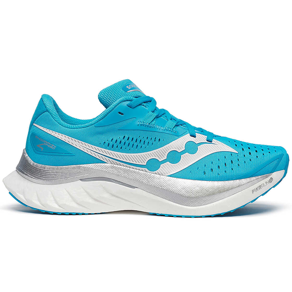 Side view on white background of Womens Saucony Endorphin Speed 4 running shoe in Viziblue and Silver, Medium width