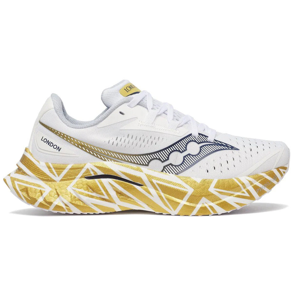 Side view on white background of Womens Saucony Endorphin Speed 4 running shoe in White/Gold, Medium (Regular) width