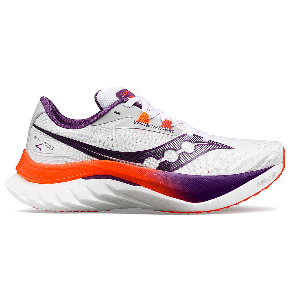 Side view on white background of Womens Saucony Endorphin Speed running shoe in White/Violet, Medium (Regular) width