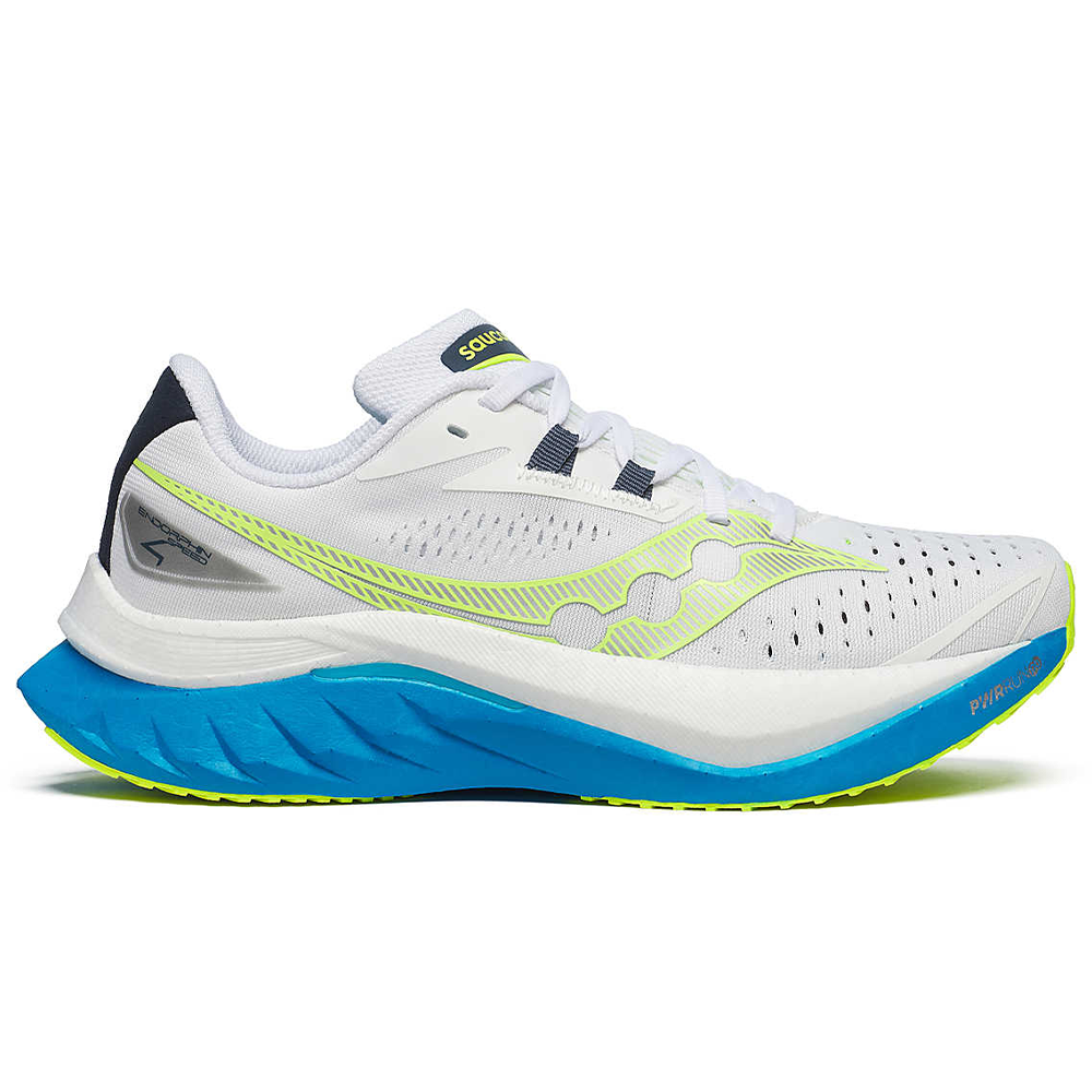 Side view on white background of Womens Saucony Endorphin Speed 4 running shoe in White/Viziblue, Medium (Regular) width