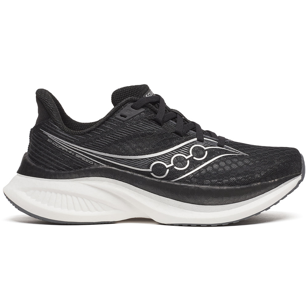 Side view on white background of Womens Saucony Endorphin running shoe in Black/White, Medium (Regular) width