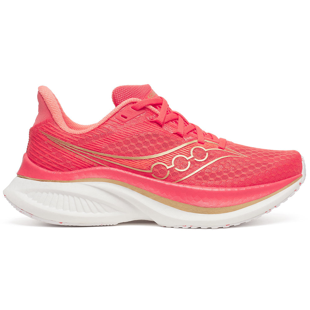 Side view on white background of Womens Saucony Endorphin running shoe in Coral/Salmon, Medium (Regular) width