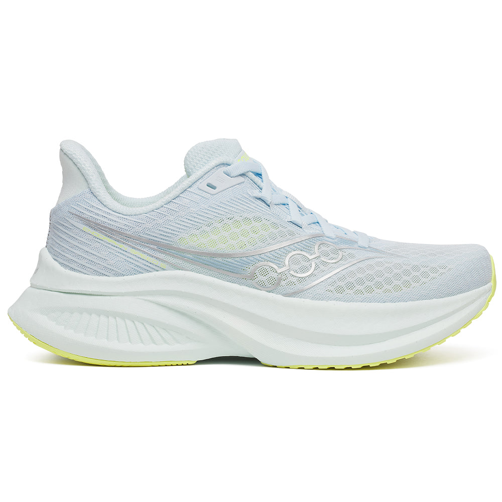 Side view on white background of Womens Saucony Endorphin running shoe in Ice Melt, Medium (Regular) width