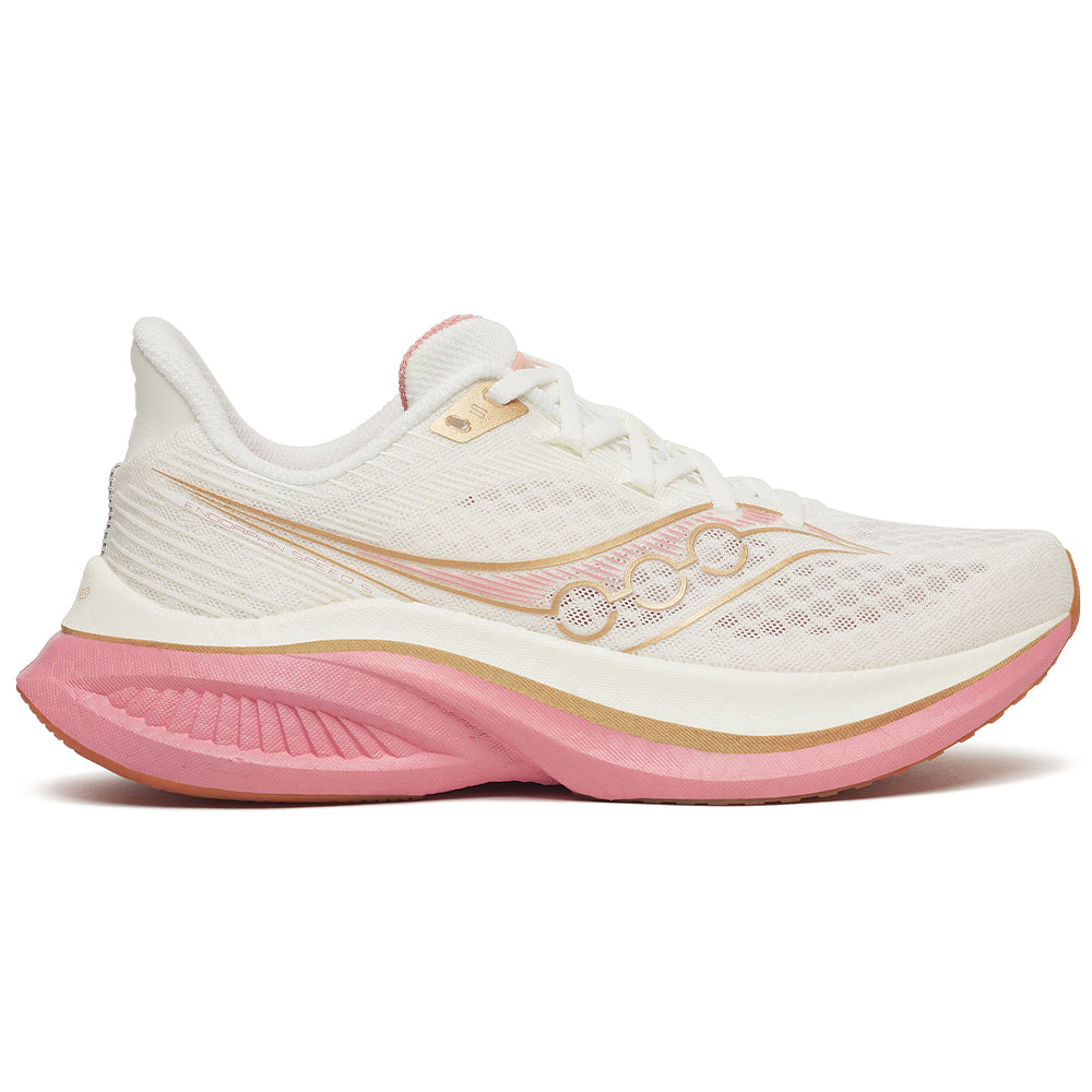 Side view on white background of Womens Saucony Endorphin running shoe in Ivory/Mauve, Medium (Regular) width