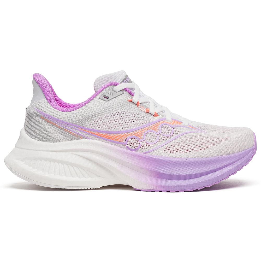 Side view on white background of Womens Saucony Endorphin running shoe in White/Crocus, Medium (Regular) width