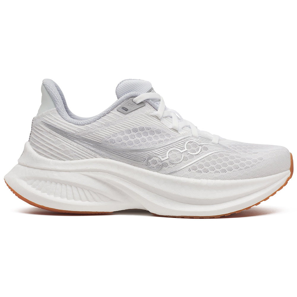 Side view on white background of Womens Saucony Endorphin running shoe in White/Gum, Medium (Regular) width