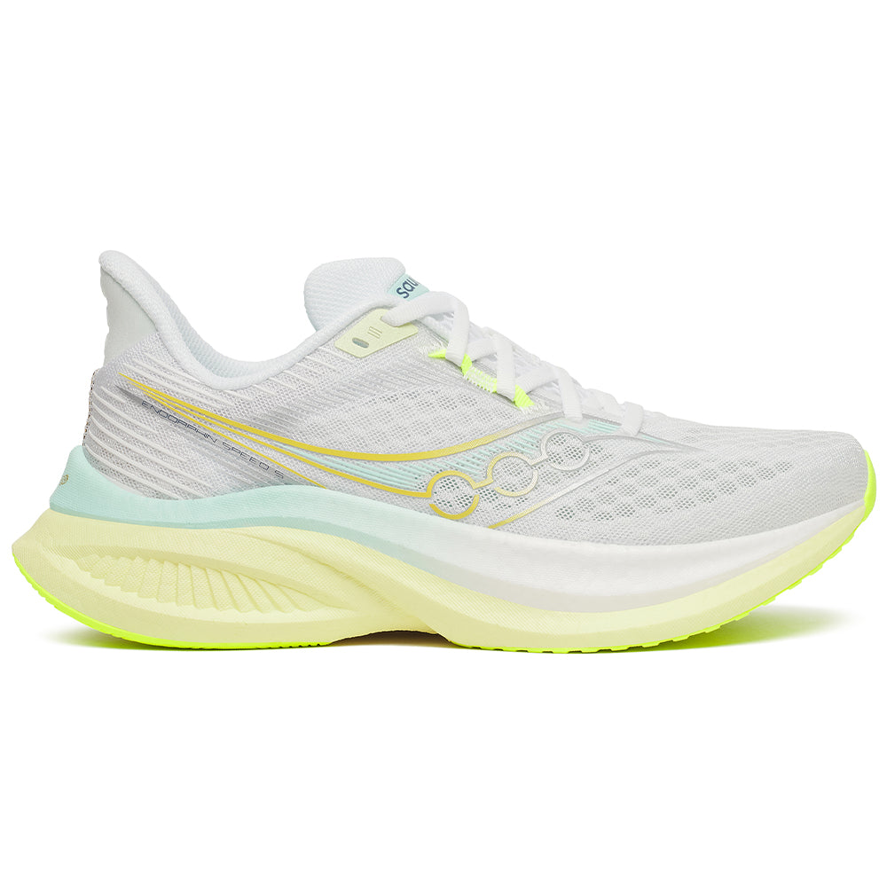 Side view on white background of Womens Saucony Endorphin running shoe in White/Tender, Medium (Regular) width