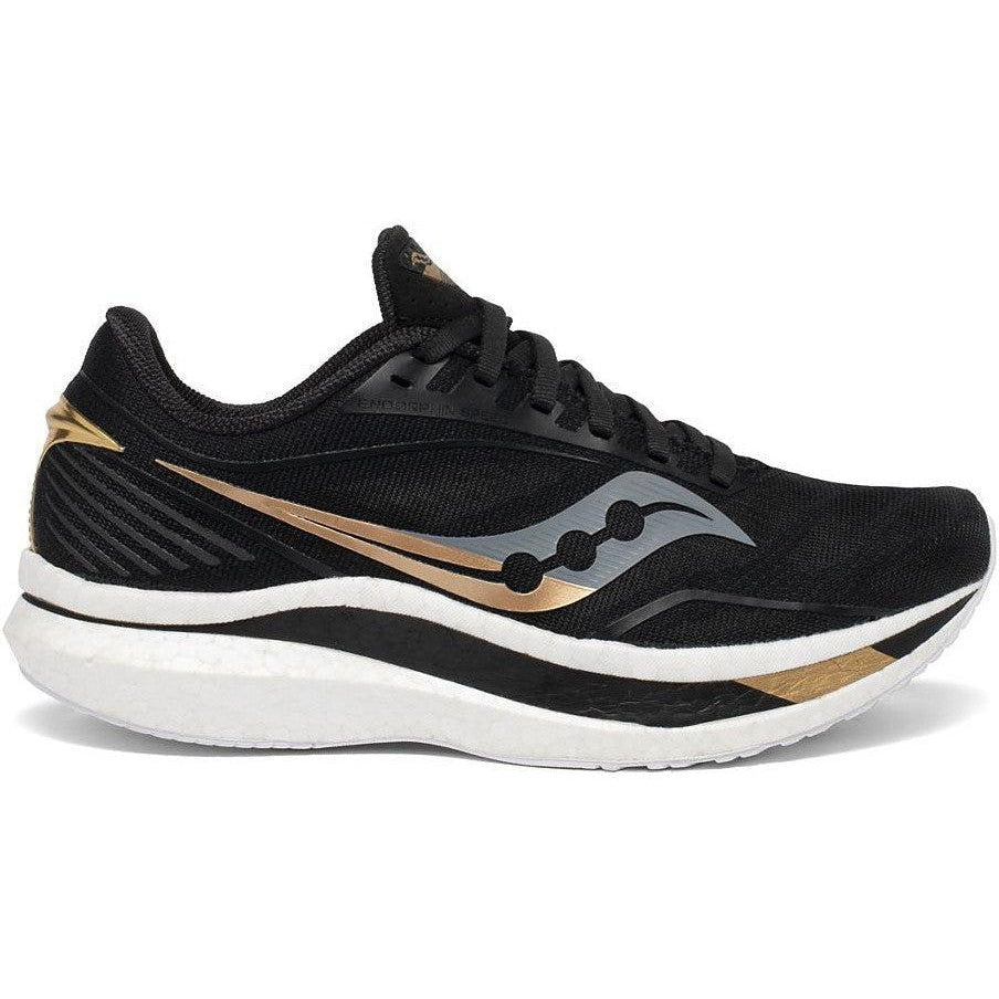 Side view on white background of Womens Saucony Endorphin Speed running shoe in Black/Gold, Medium (Regular) width