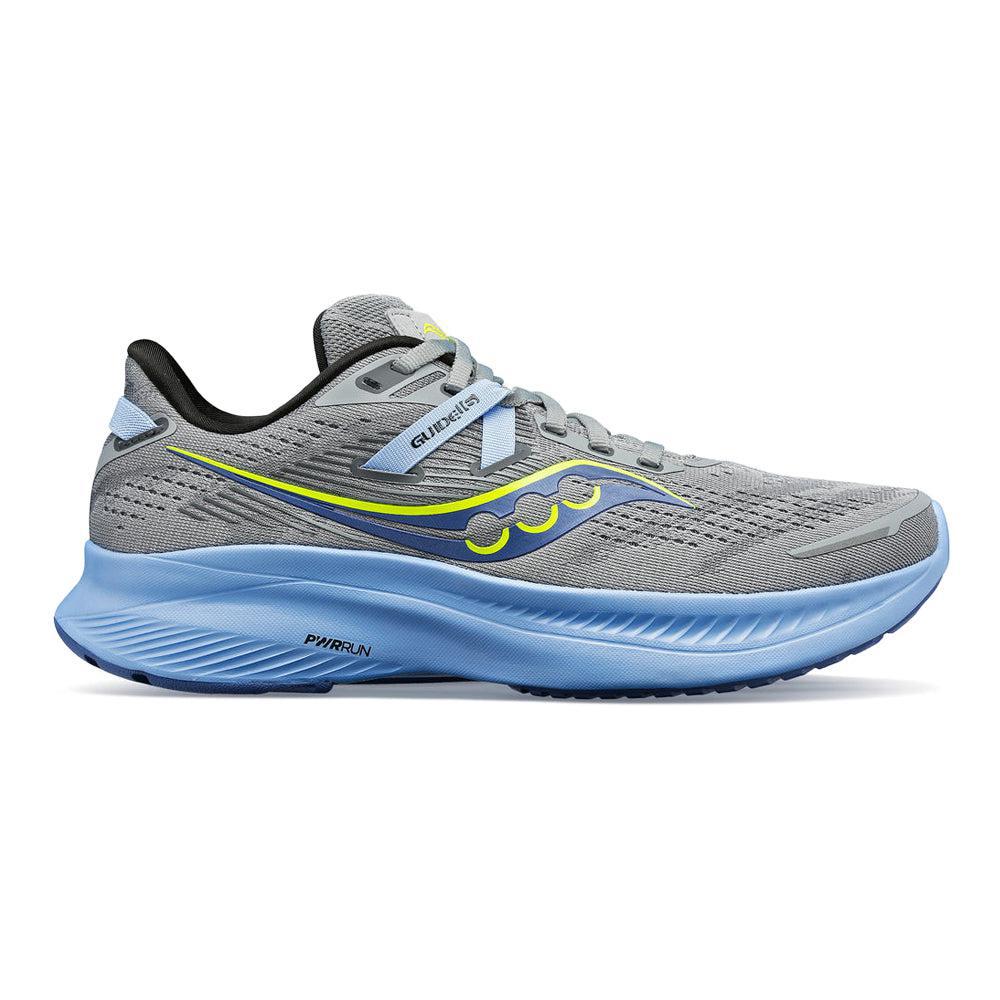 Side view on white background of Womens Saucony Guide running shoe in Fossil/Ether, Medium (Regular) width