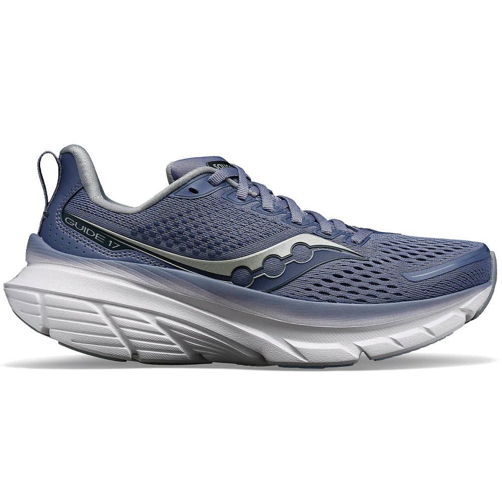 Side view on white background of Womens Saucony Guide 17 running shoe in Iris, Medium (Regular) width