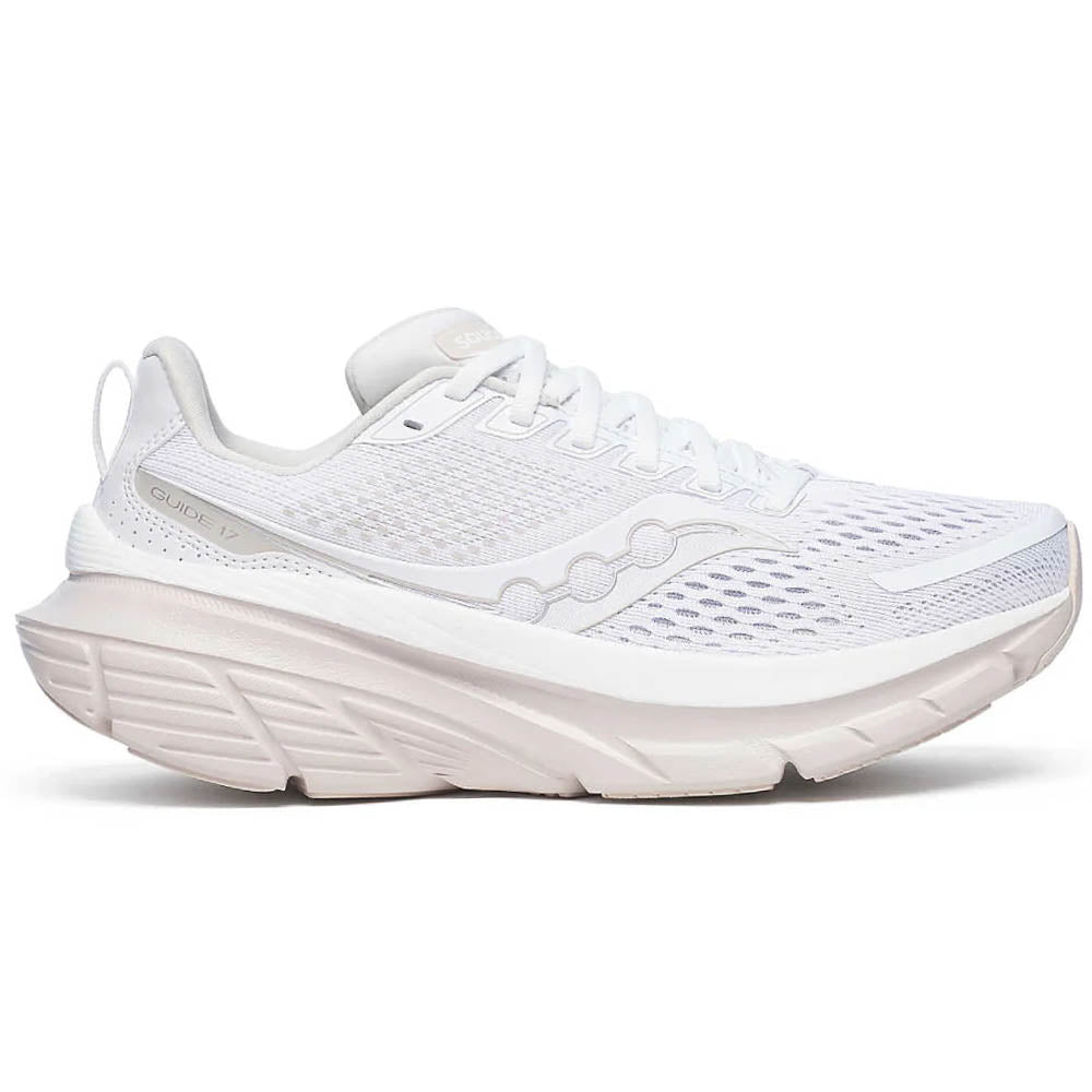 Side view on white background of Womens Saucony Guide 17 running shoe in White/Moon, Medium (Regular) width