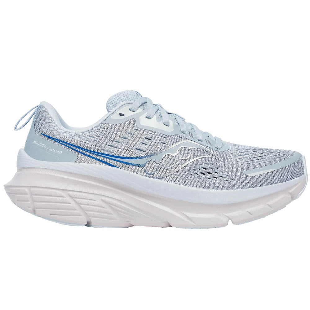 Side view on white background of Womens Saucony Guide running shoe in Ballad/Skydiver, Medium (Regular) width