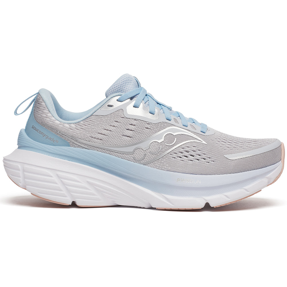 Side view on white background of Womens Saucony Guide running shoe in Cloud/Dream, Medium (Regular) width