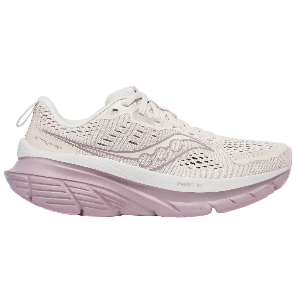 Side view on white background of Womens Saucony Guide 18 running shoe in Moon/Quail, Wide width