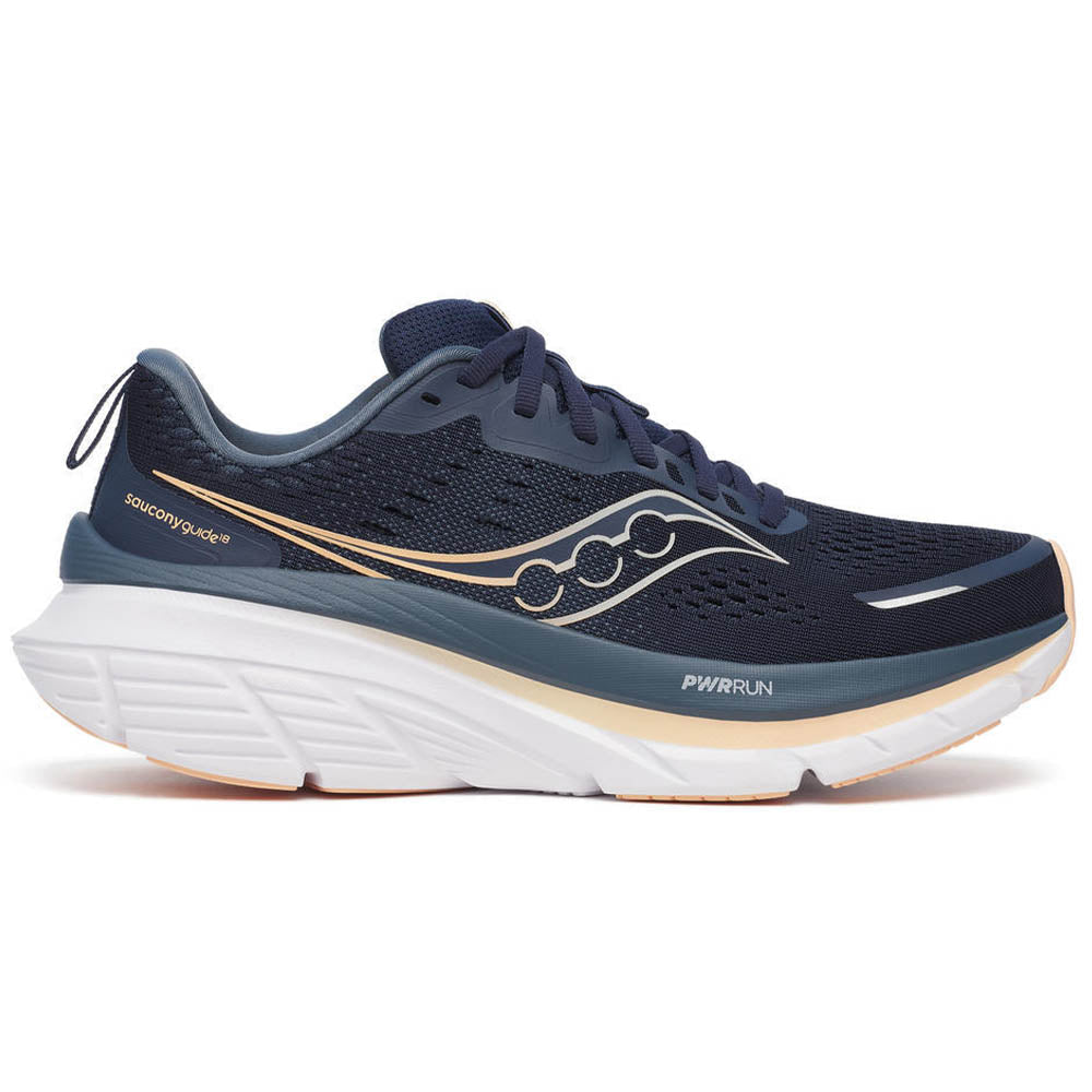 Side view on white background of Womens Saucony Guide running shoe in Navy/Apricot, Medium (Regular) width