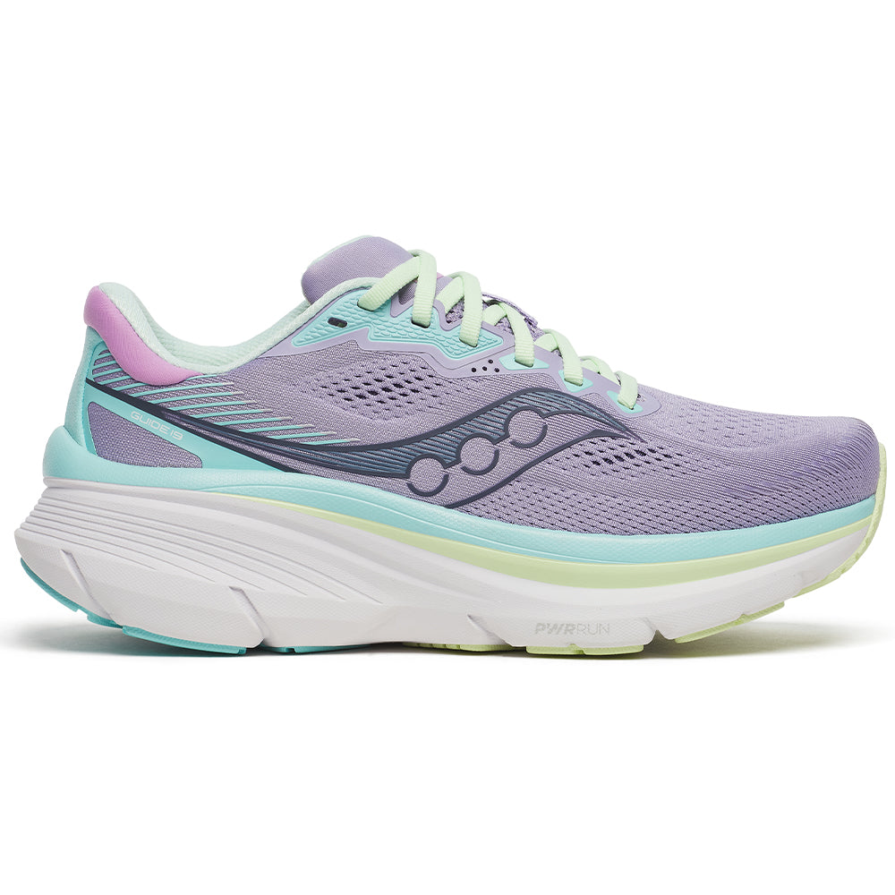 Side view on white background of Womens Saucony Guide running shoe in Haze/Splash, Medium (Regular) width