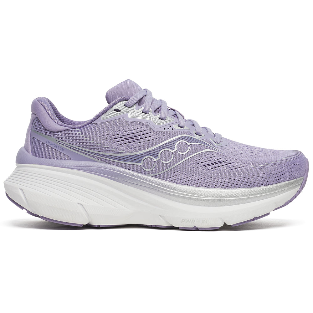 Side view on white background of Womens Saucony Guide running shoe in Haze/White, Medium (Regular) width