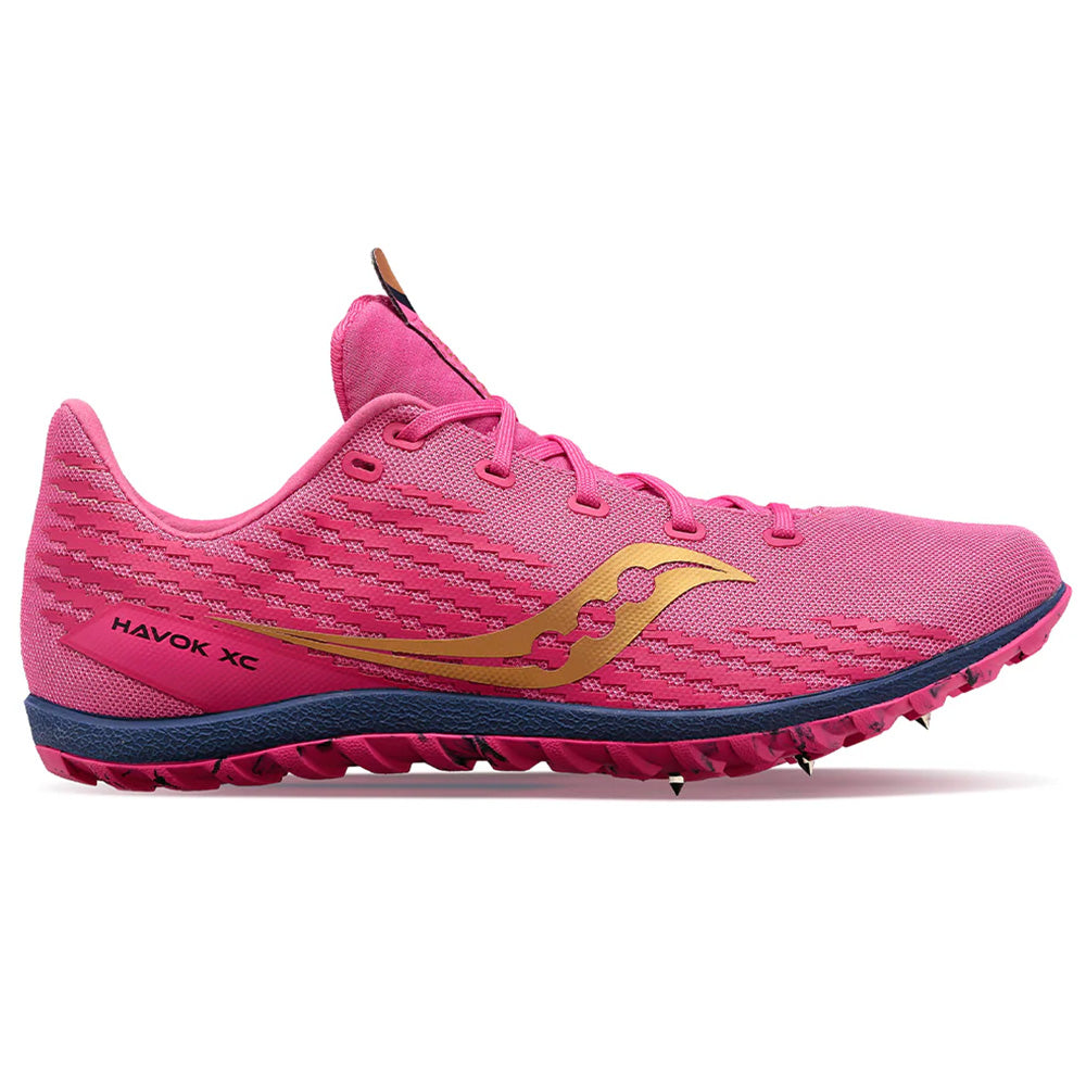 Side view on white background of Womens Saucony Havok XC running shoe in Prospect Quartz, Medium (Regular) width
