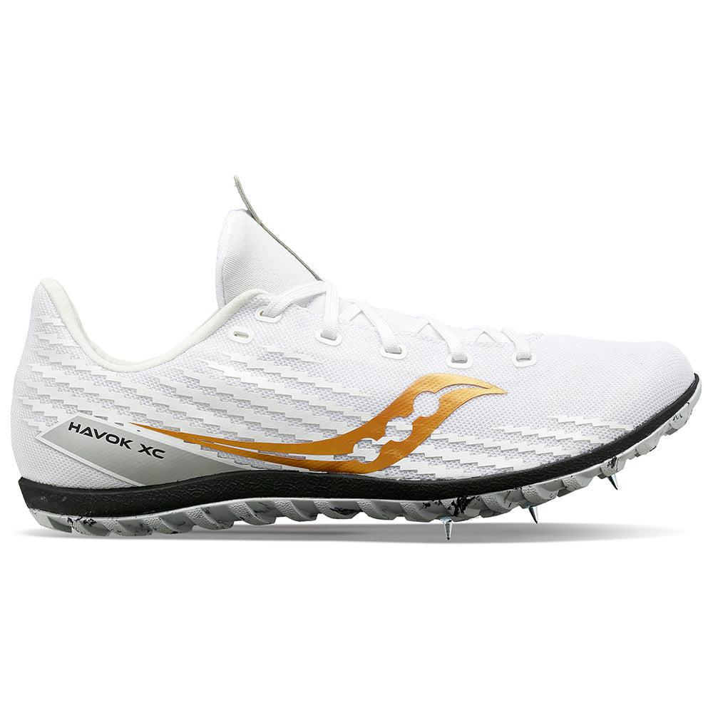 Side view on white background of Womens Saucony Havok XC 3 running shoe in White, Medium (Regular) width