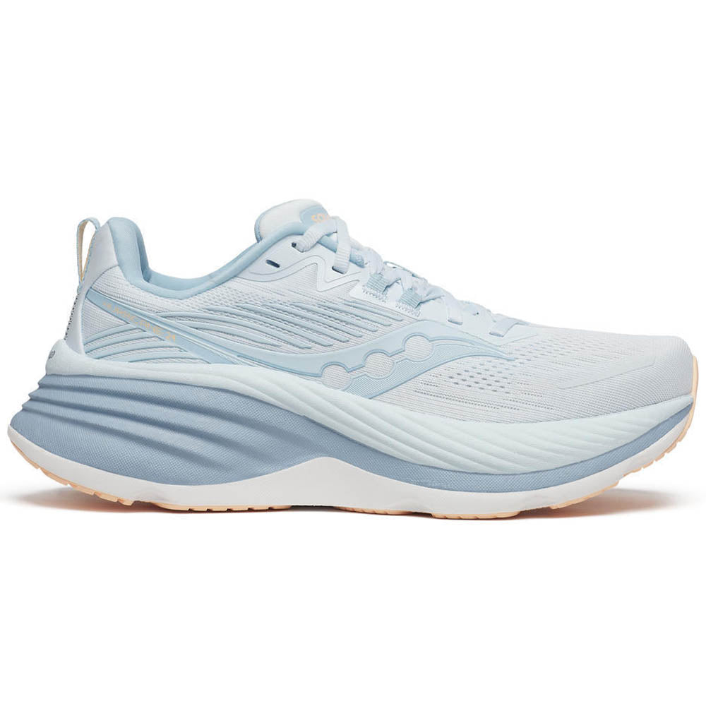 Side view on white background of Womens Saucony Hurricane running shoe in Ice Melt, Medium (Regular) width