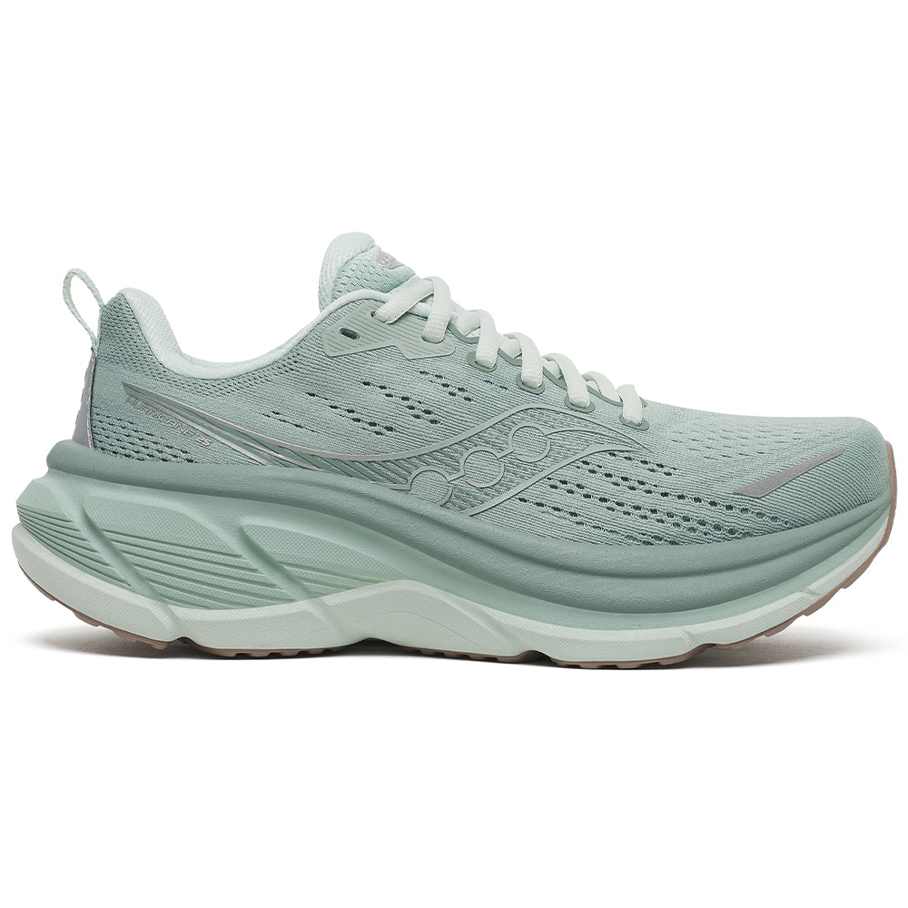Side view on white background of Womens Saucony Hurricane running shoe in Iceberg/Aloe, Medium (Regular) width