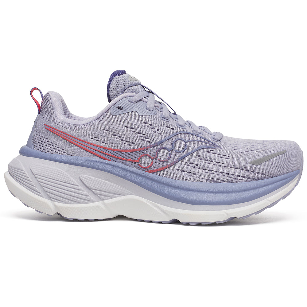 Side view on white background of Womens Saucony Hurricane running shoe in Thistle/Aster, Medium (Regular) width