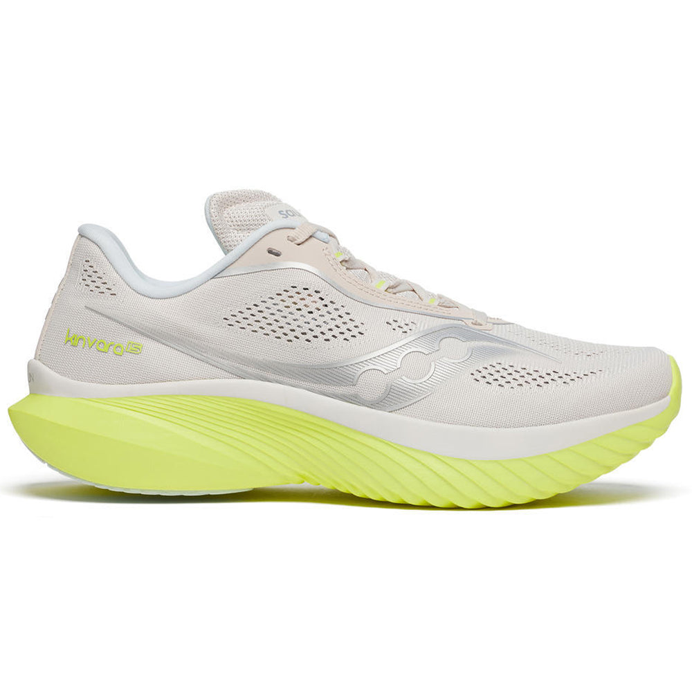 Side view on white background of Womens Saucony Kinvara running shoe in Moon/Sunny, Medium (Regular) width