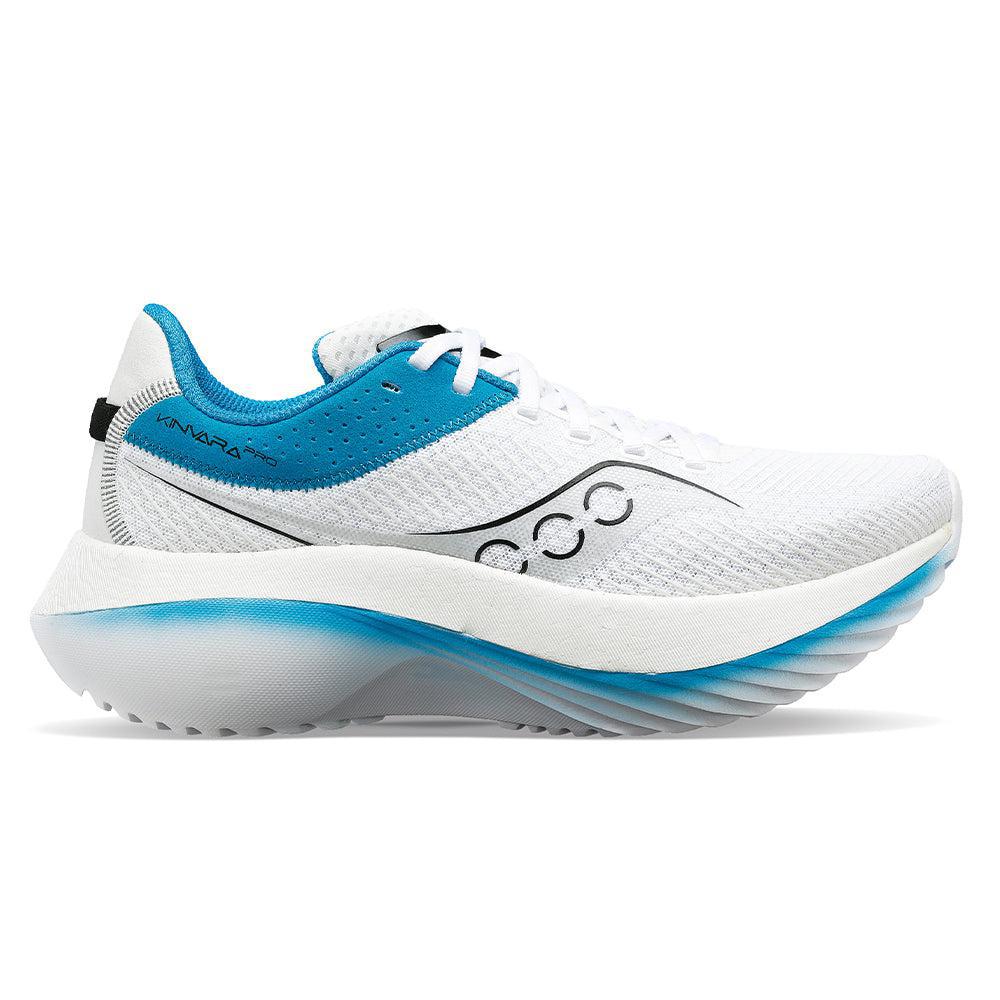 Side view on white background of Womens Saucony Kinvara Pro running shoe in White/Ink, Medium (Regular) width