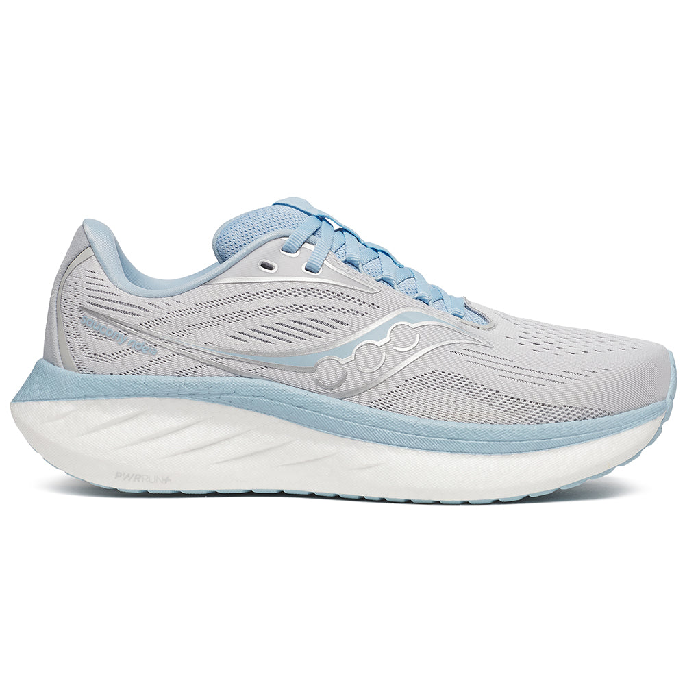 Side view on white background of Women's Saucony Ride 18 running shoe in Cloud/Dream, Wide width