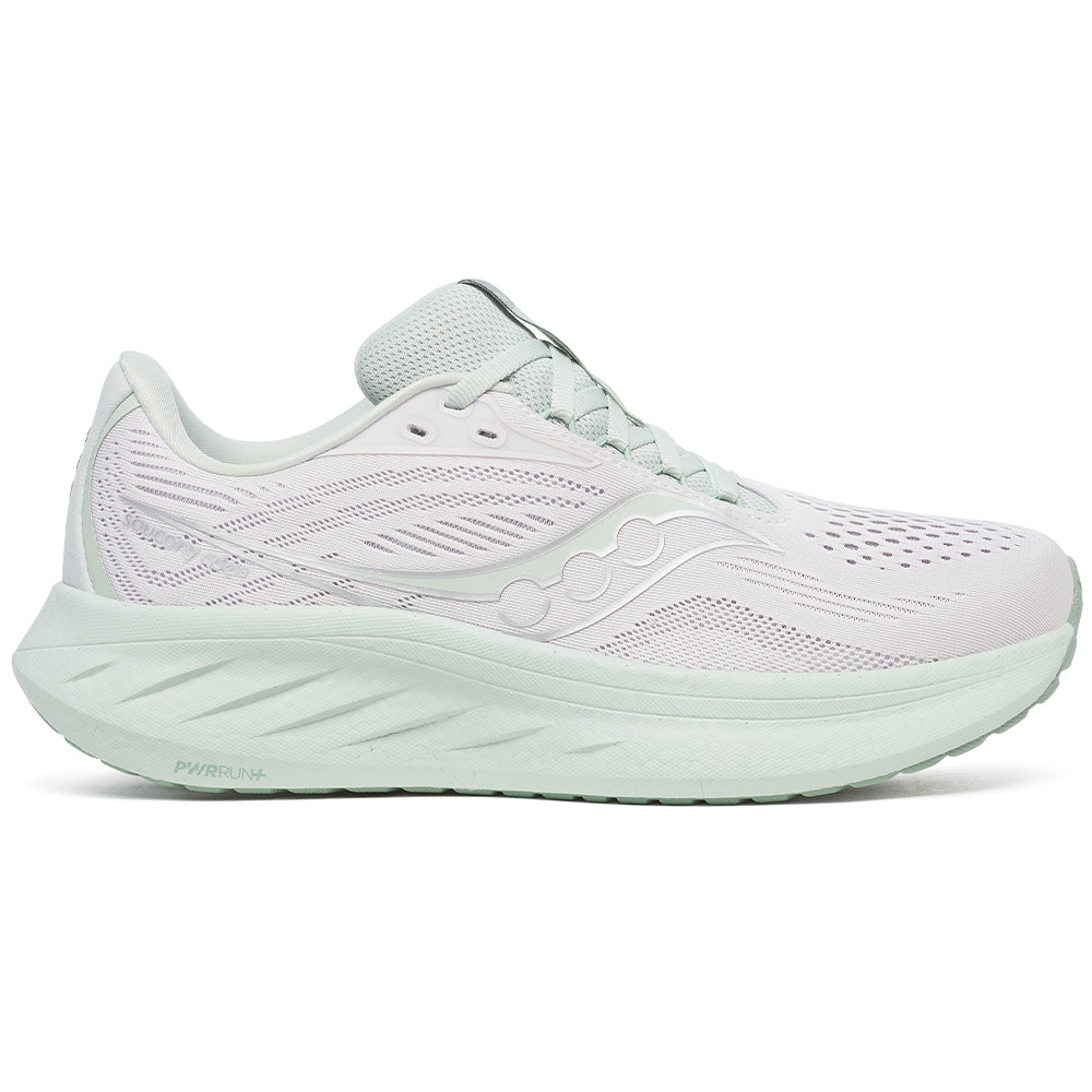 Side view on white background of Womens Saucony Ride running shoe in Fog/Mist, Medium (Regular) width