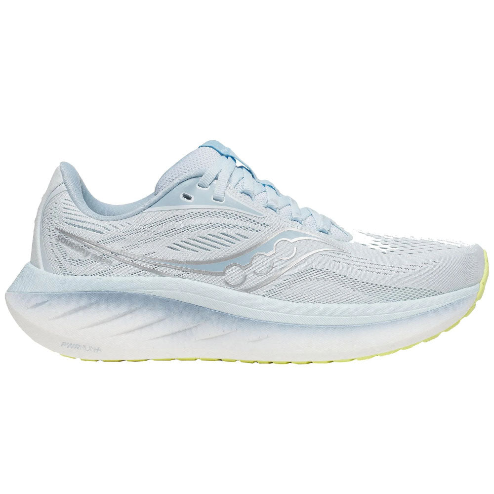 Side view on white background of Womens Saucony Ride running shoe in Ice Melt/Dream, Medium (Regular) width