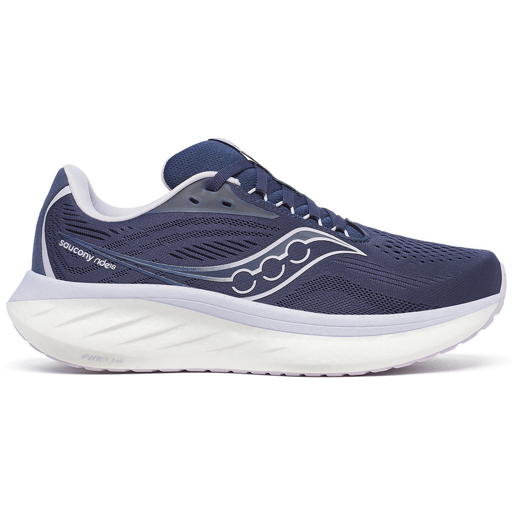 Side view on white background of Womens Saucony Ride 18 running shoe in Navy/Aster, Medium (Regular) width