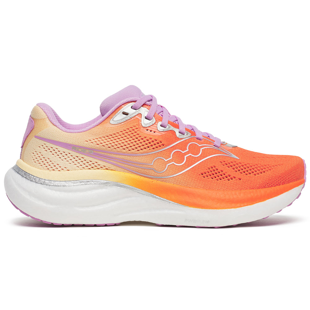 Side view on white background of Womens Saucony Ride running shoe in Fire/Orchid, Medium (Regular) width