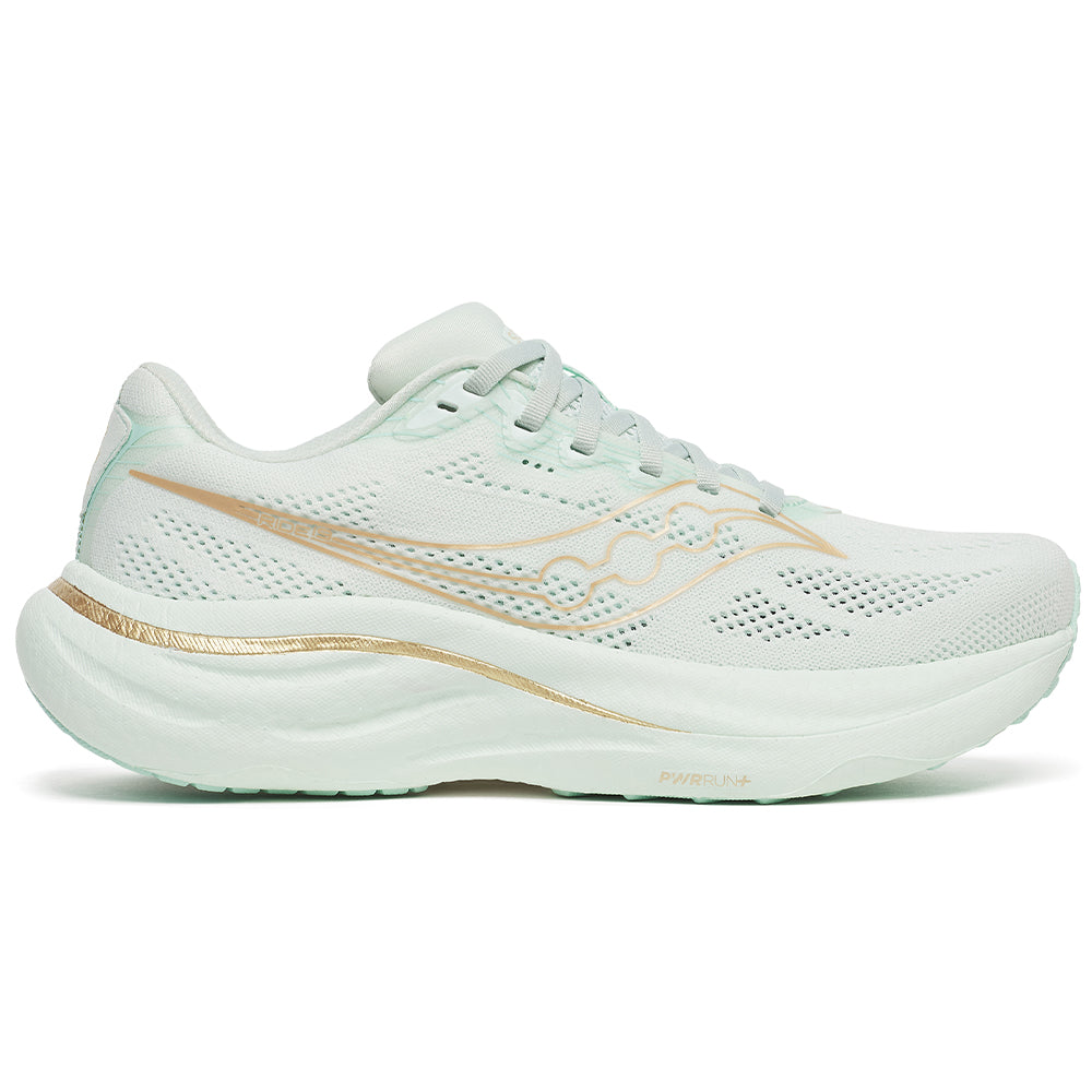 Side view on white background of Womens Saucony Ride running shoe in Hush, Medium (Regular) width