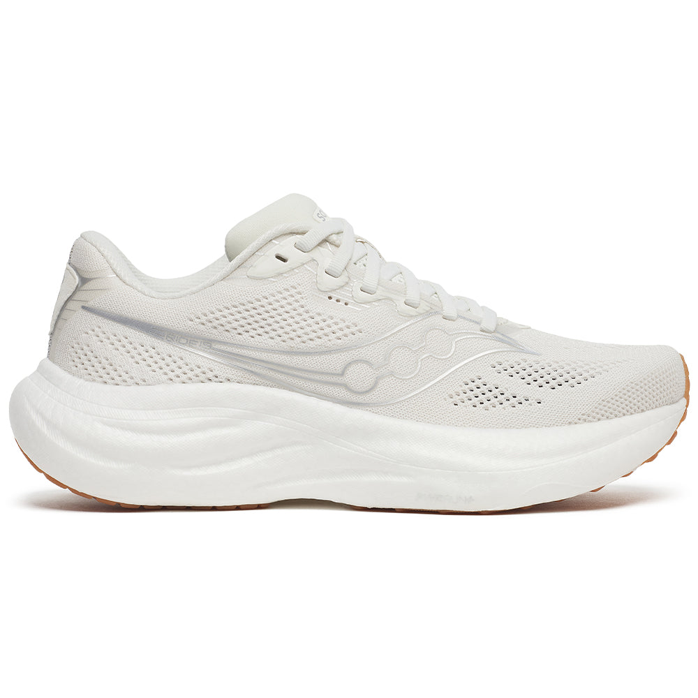 Side view on white background of Womens Saucony Ride running shoe in Ivory/Gum, Medium (Regular) width