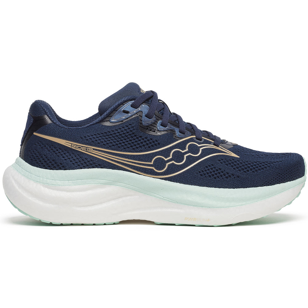 Side view on white background of Womens Saucony Ride running shoe in Navy/Aqua, Medium (Regular) width