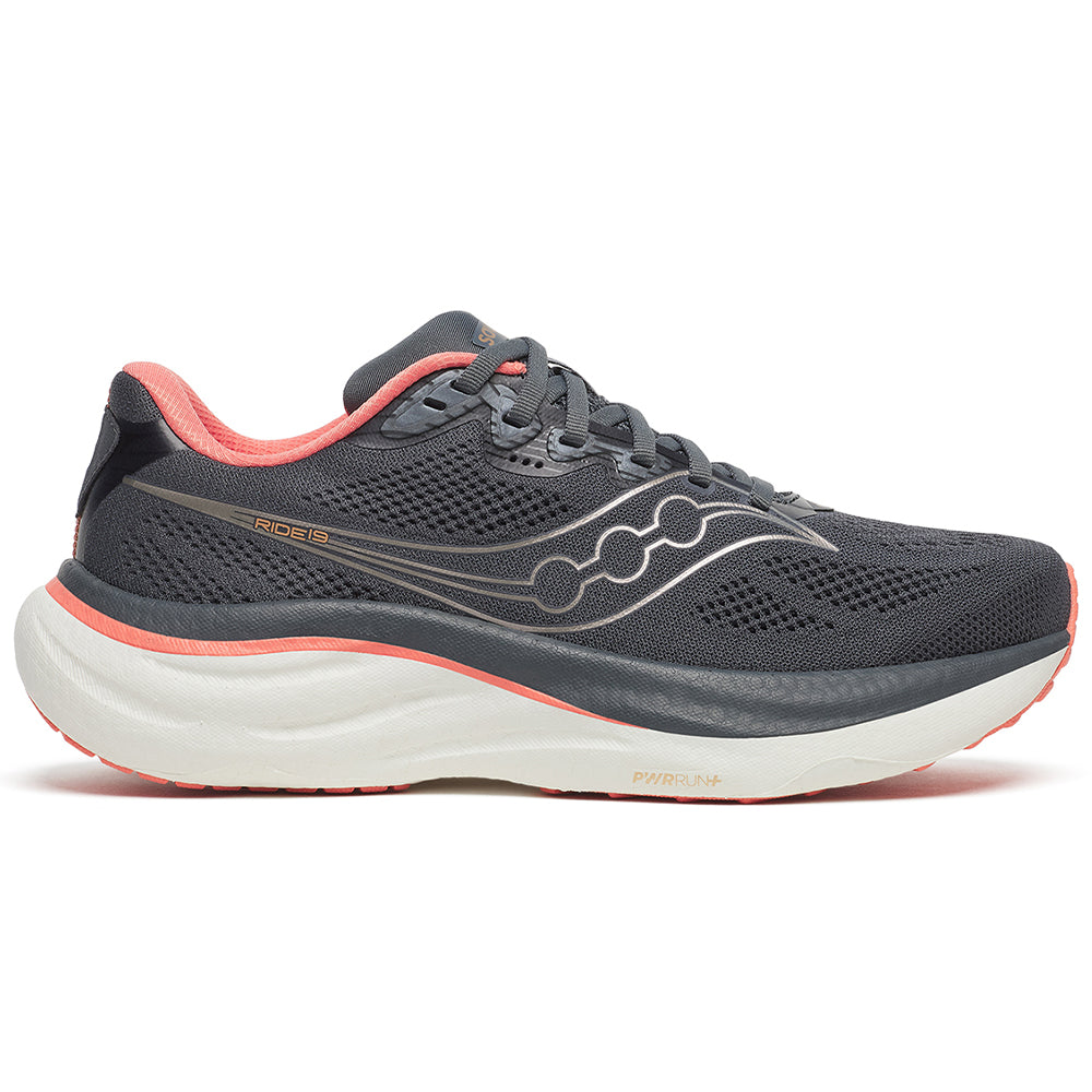 Side view on white background of Womens Saucony Ride running shoe in Shadow/Salmon, Medium (Regular) width