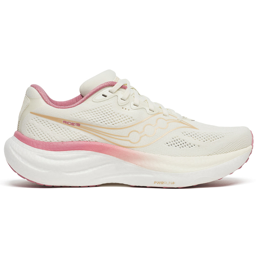 Side view on white background of Womens Saucony Ride running shoe in Vanilla/Mauve, Medium (Regular) width