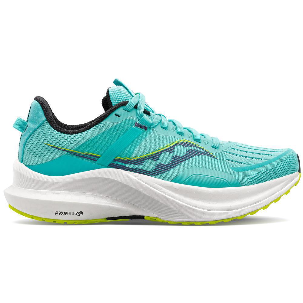 Side view on white background of Womens Saucony Tempus running shoe in Cool Mint/Acid, Medium (Regular) width
