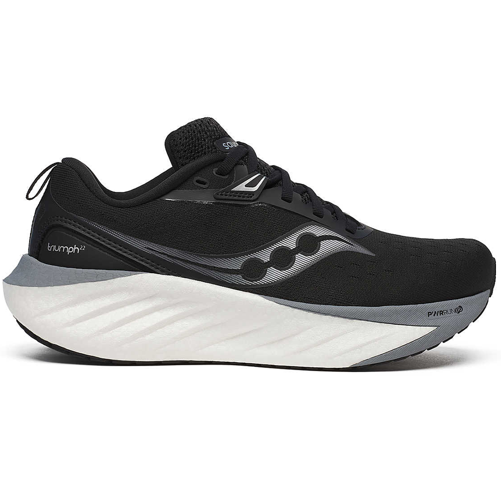 Side view on white background of Womens Saucony Triumph 22 running shoe in Black/White, Wide width