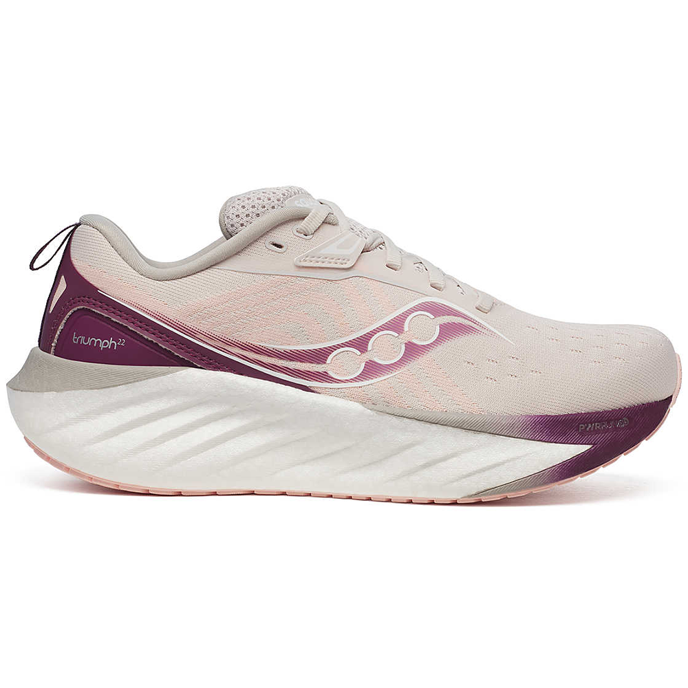 Side view on white background of Womens Saucony Triumph 22 running shoe in Moon/Eggplant, Medium (Regular) width