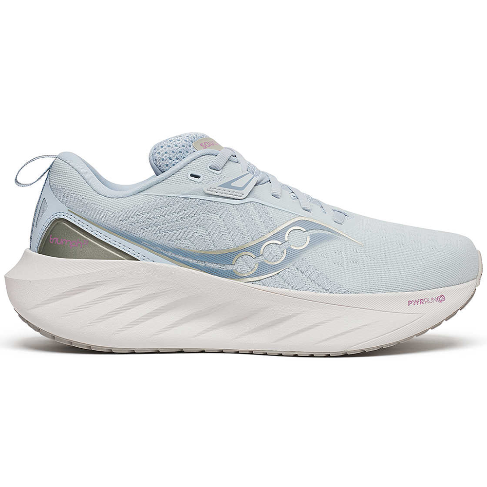 Side view on white background of Womens Saucony Triumph 22 running shoe in Vapor/Moon, Wide width