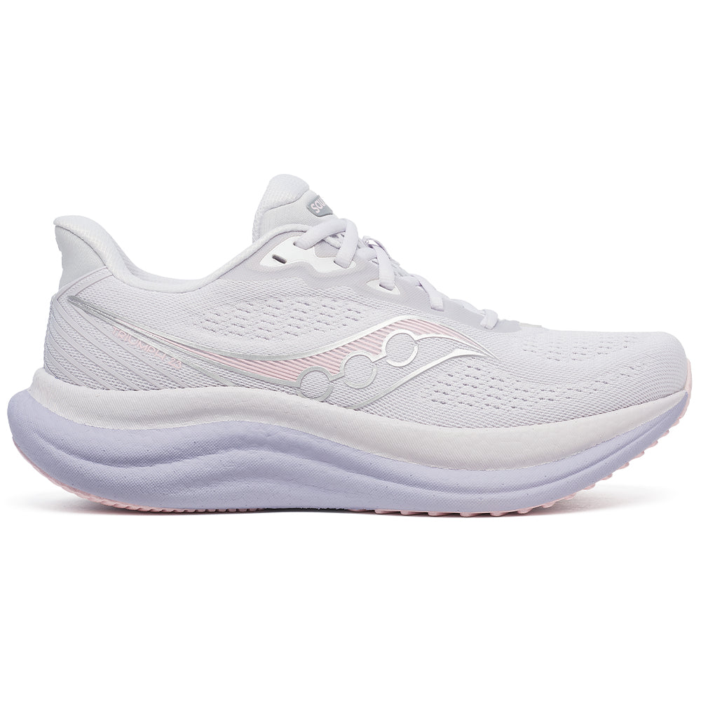 Side view on white background of Womens Saucony Triumph running shoe in Aster, Medium (Regular) width