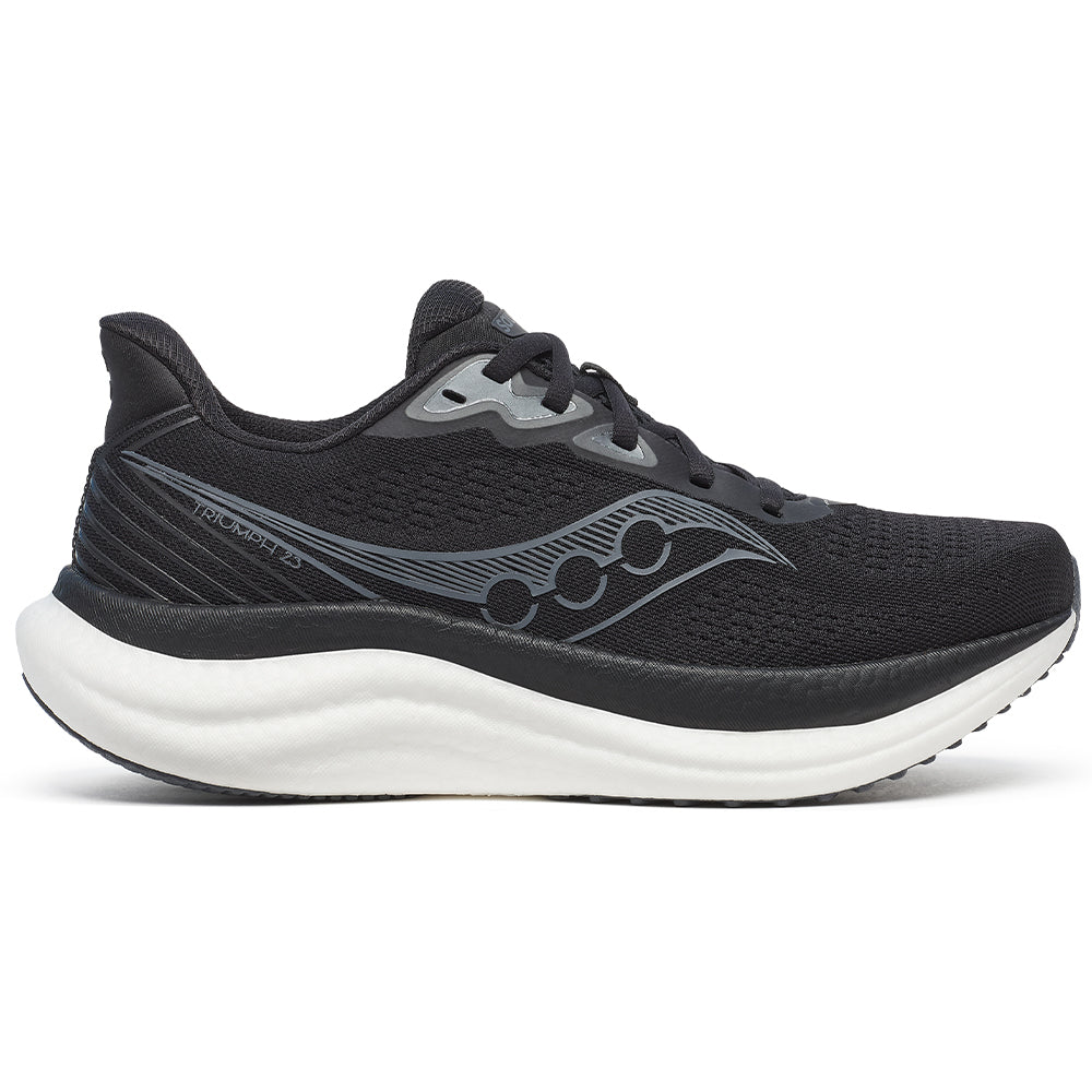Side view on white background of Womens Saucony Triumph running shoe in Black/White, Medium (Regular) width