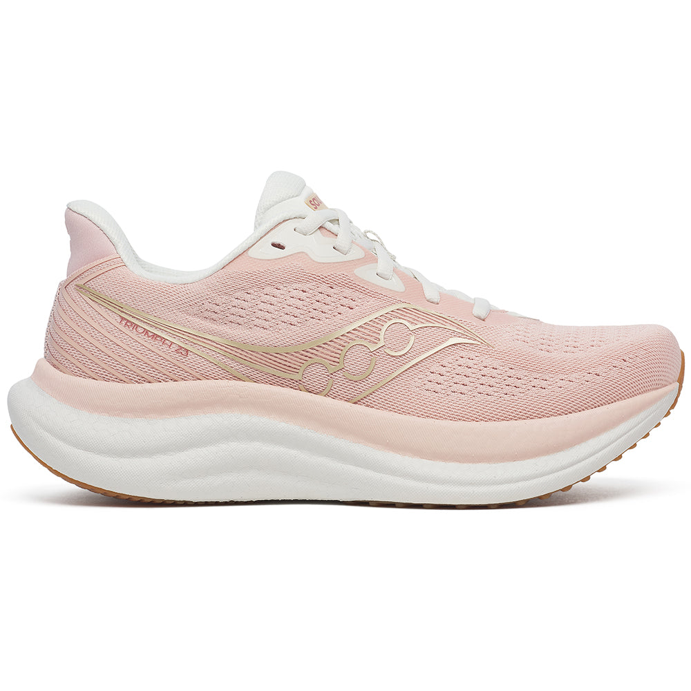 Side view on white background of Womens Saucony Triumph running shoe in Cameo/Quartz, Medium (Regular) width