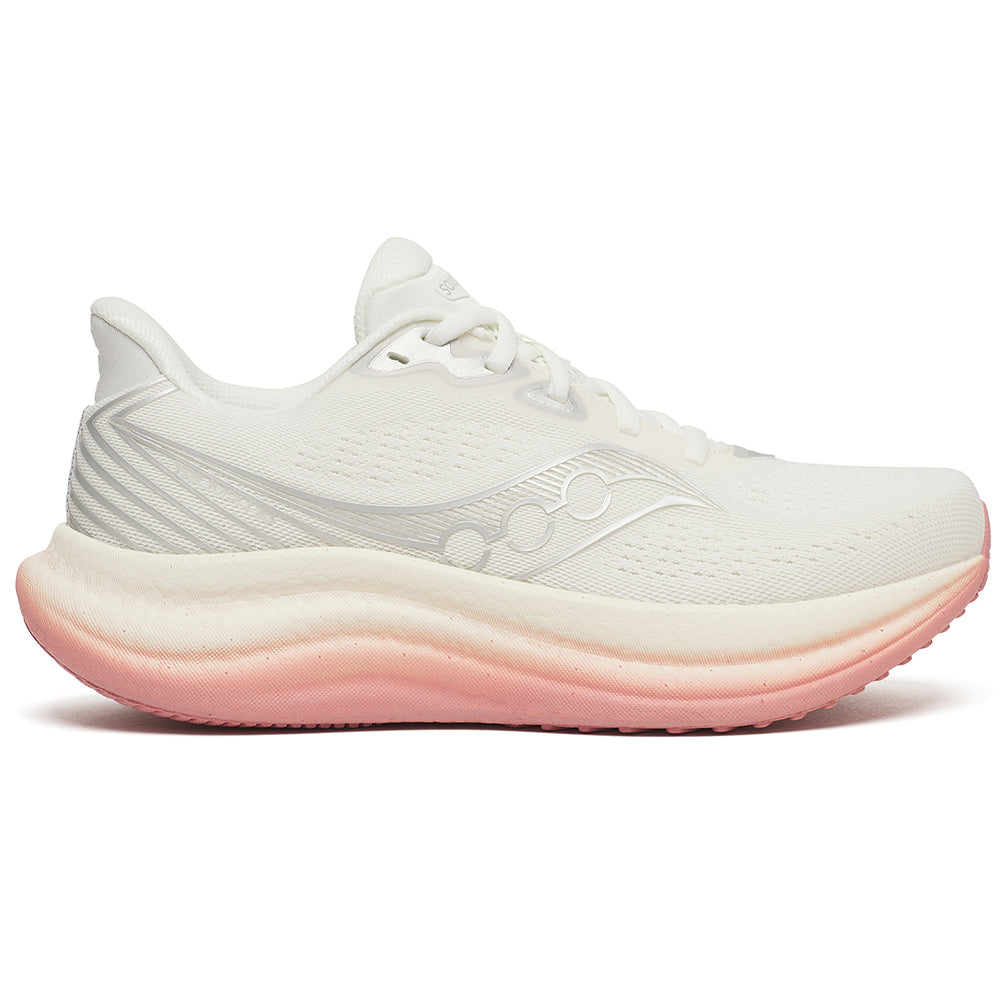 Side view on white background of Womens Saucony Triumph running shoe in Ivory/Mauve, Medium (Regular) width